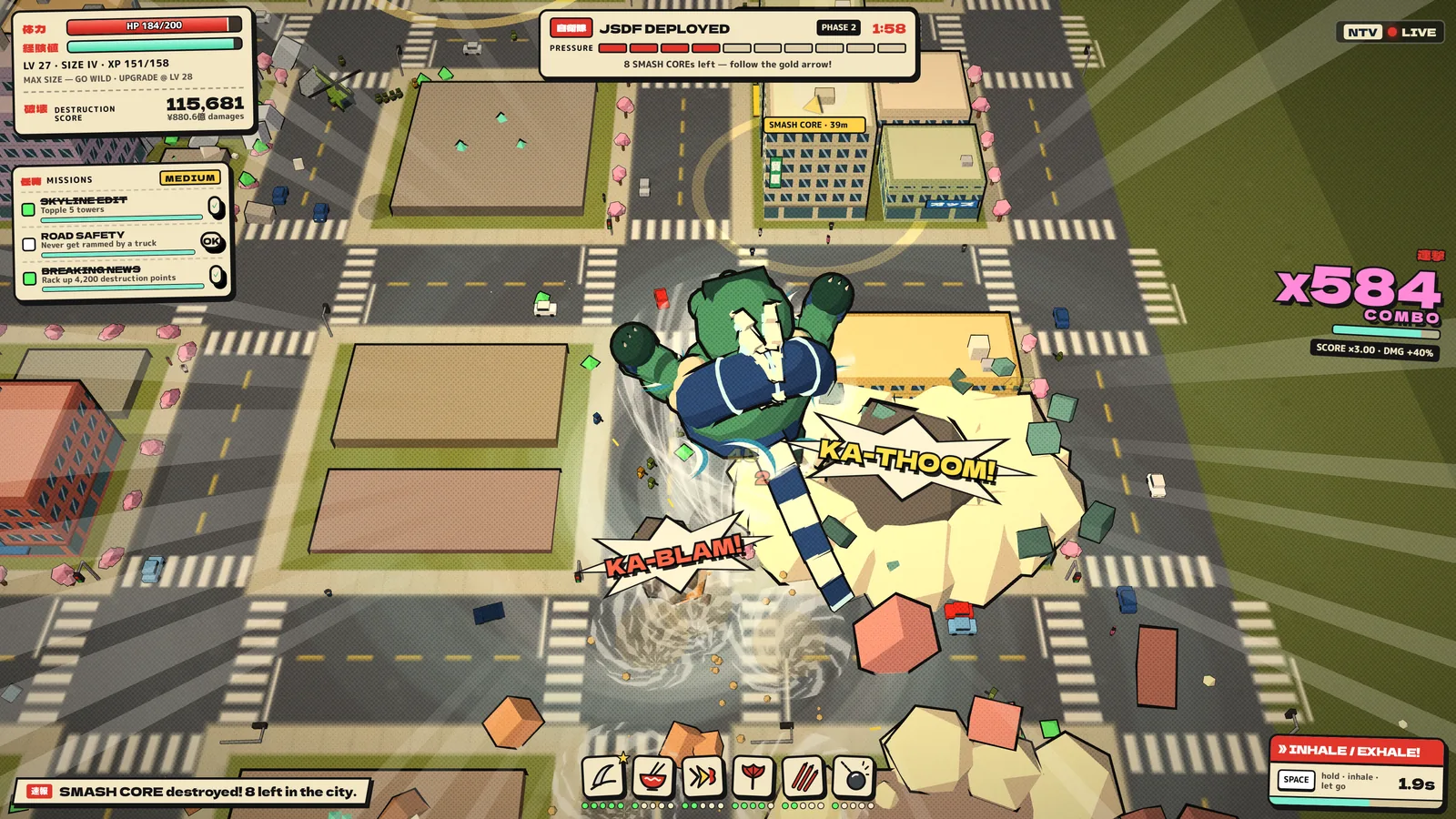 ODDSZILLA gameplay by day: KAZEBUKURO at full size lands a Tatsumaki Hop, leaving twisters behind as a building collapses
