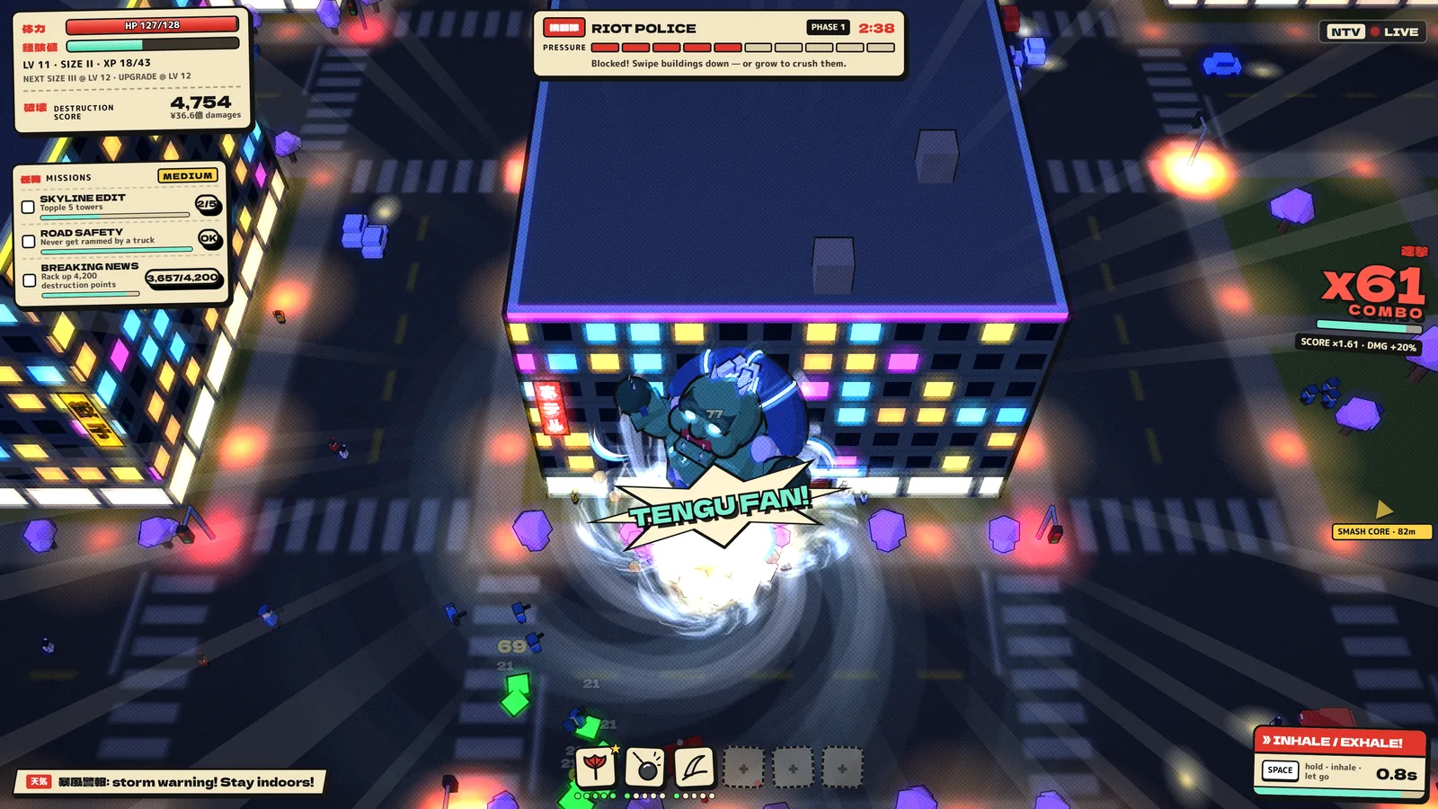 ODDSZILLA gameplay at night: KAZEBUKURO, the jade wind kaiju, whips up a cyclone in front of a neon-lit tower while its Tengu Fan upgrade fires
