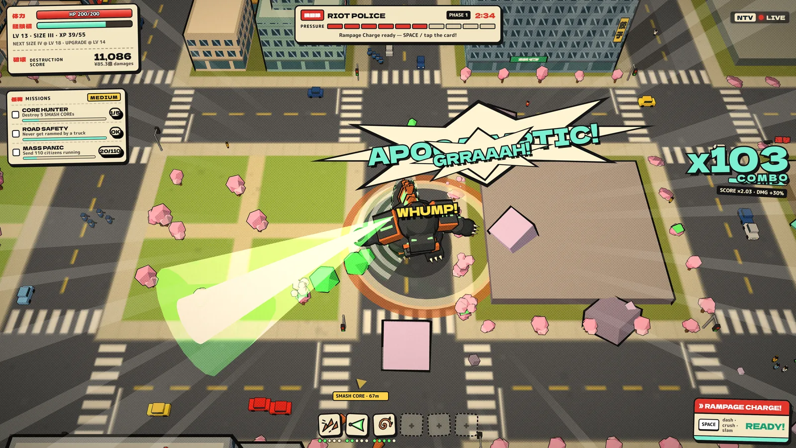 ODDSZILLA gameplay by day: KIKAIJU, the armoured kaiju, sweeps Atomic Breath across a park during a x103 combo