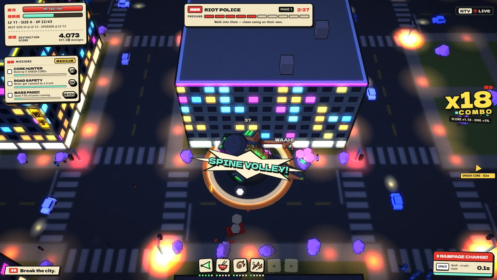 ODDSZILLA gameplay at night: KIKAIJU fires a Spine Volley under a neon tower as citizens run